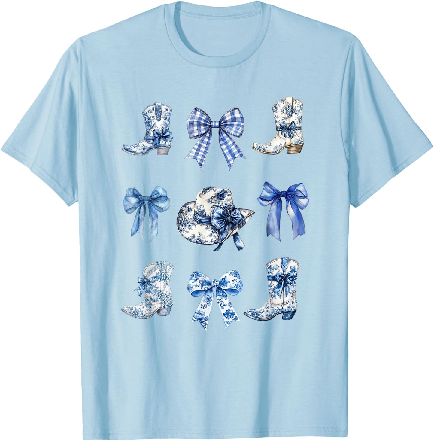Toile Bow Shirt Blue Coquette Bow Cowboy Cowboy Hat Boots T-Shirt - T-Shirt | Light Blue