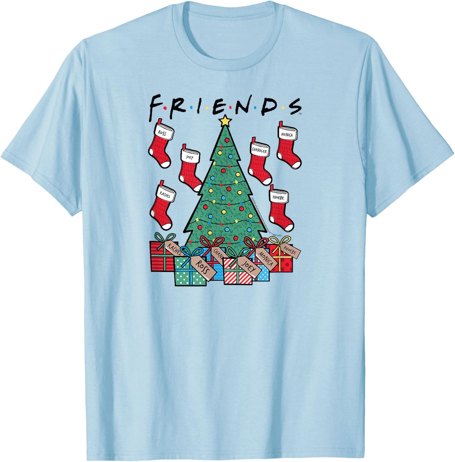 Friends Christmas Tree and Stockings Happy Holidays TV Show T-Shirt - T-Shirt | Light Blue