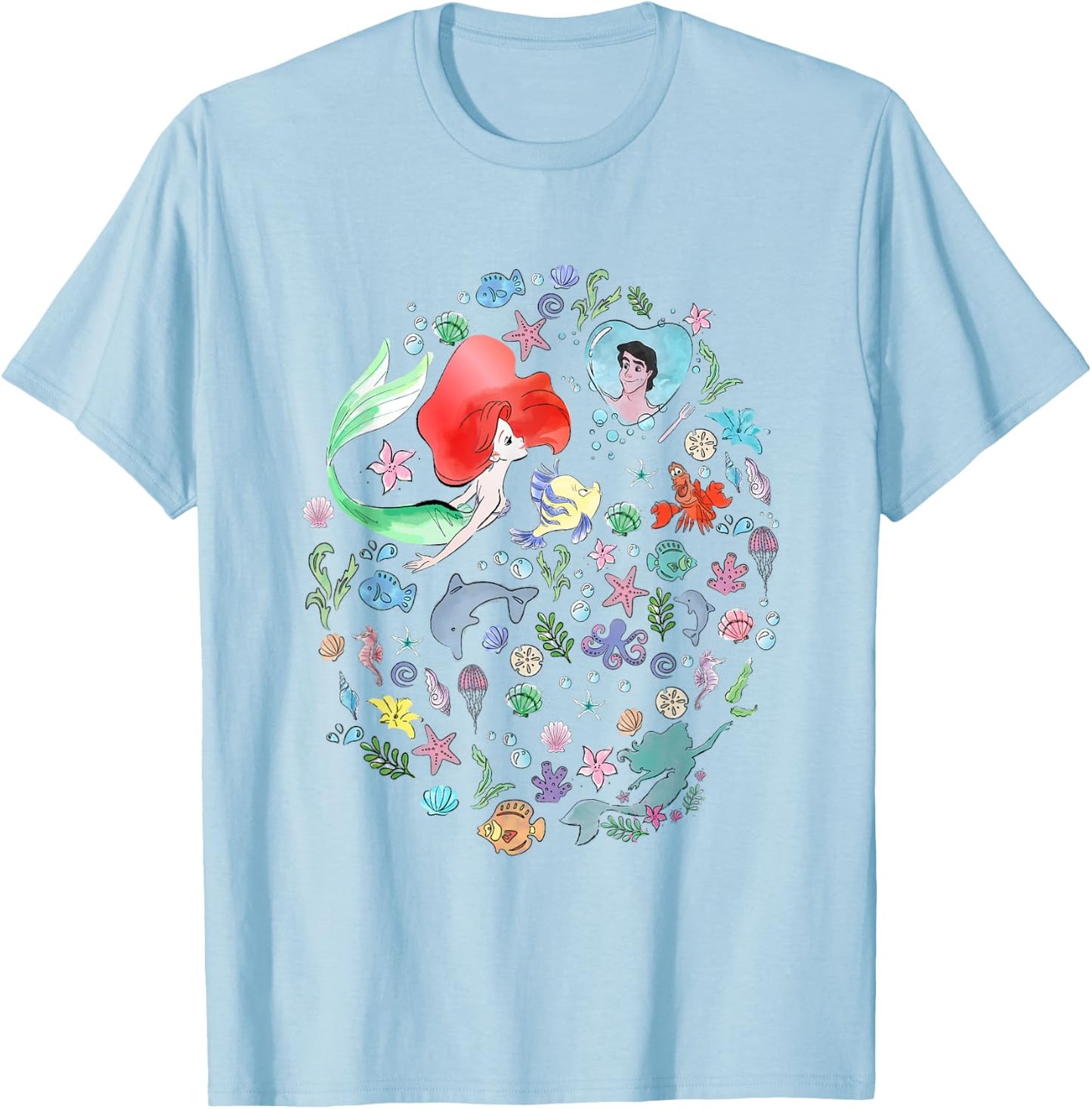 Disney The Little Mermaid Ariel's Jumble Watercolor Poster T-Shirt - T-Shirt | Light Blue