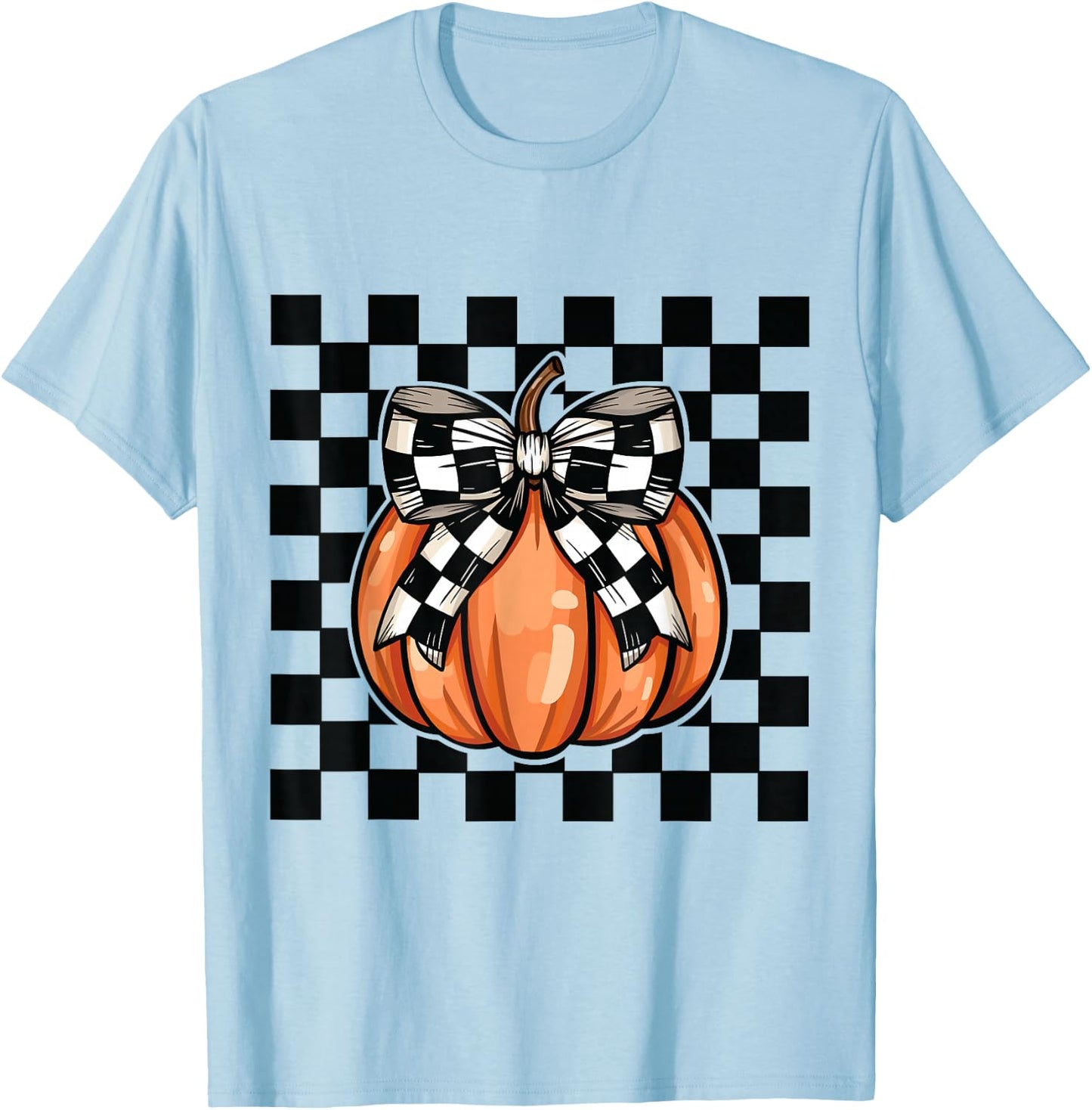 Checkered Halloween pumpkin cute coquette bow aesthetic girl T-Shirt - T-Shirt | Light Blue