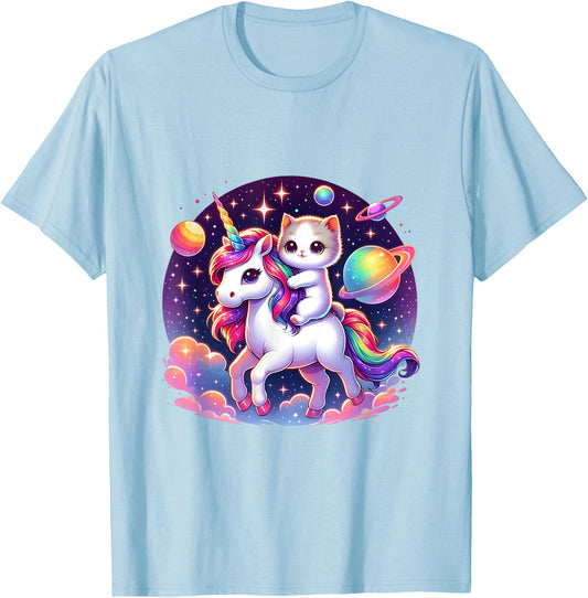 Cat Unicorn Graphic Cute Cat Riding Unicorn Lover Boys Girls T-Shirt - T-Shirt | Light Blue