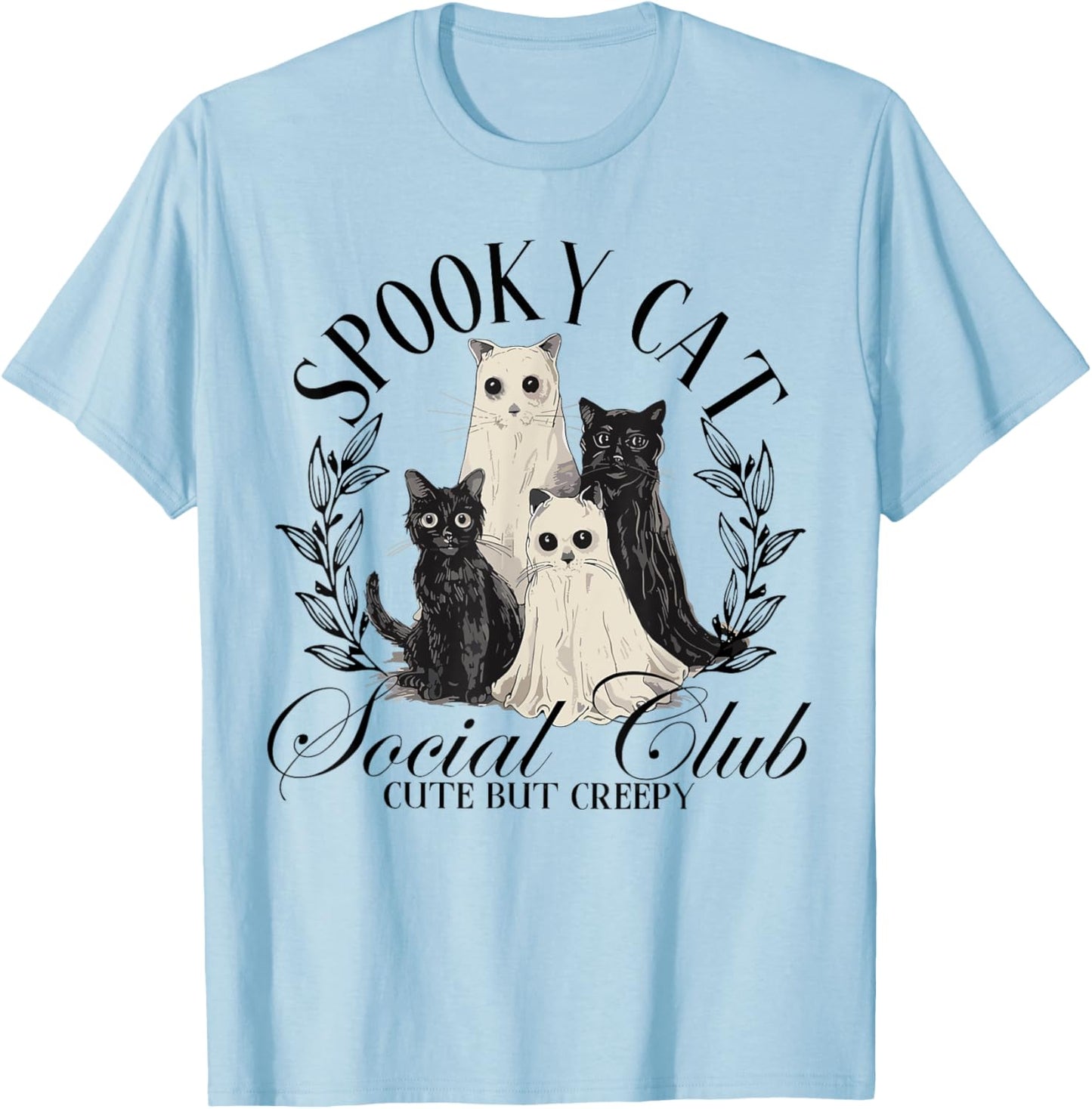 Spooky Cat Social Club Ghost Cat Halloween Gothic Black Cat Men Women Kids T-Shirt - T-Shirt | Light Blue