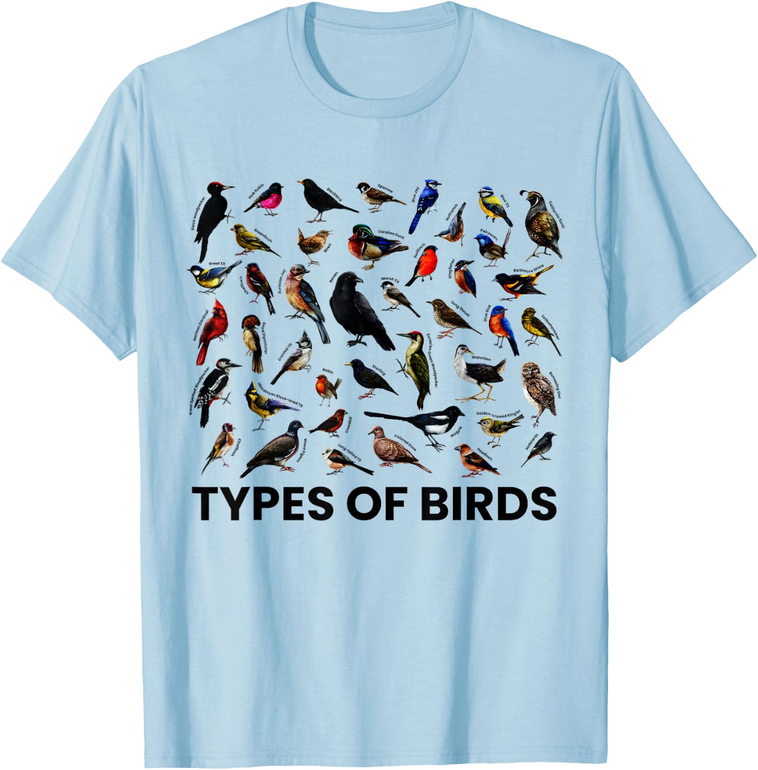 Types of Birds Shirt for Birdwatcher Twitcher Ornithologist T-Shirt - T-Shirt | Light Blue