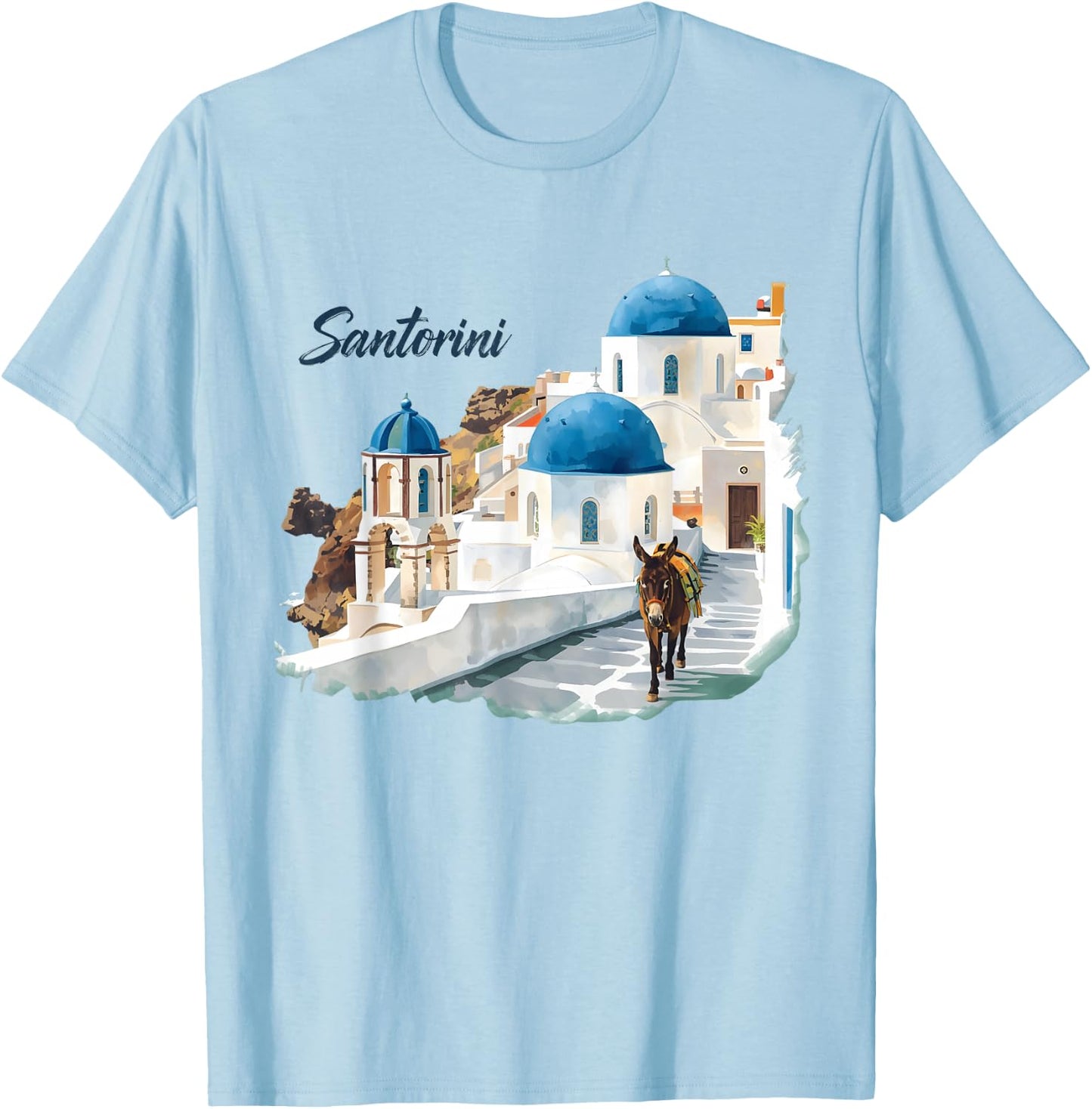 Donkey on Santorini Streets in Greece Tourist Keepsake Women T-Shirt - T-Shirt | Light Blue
