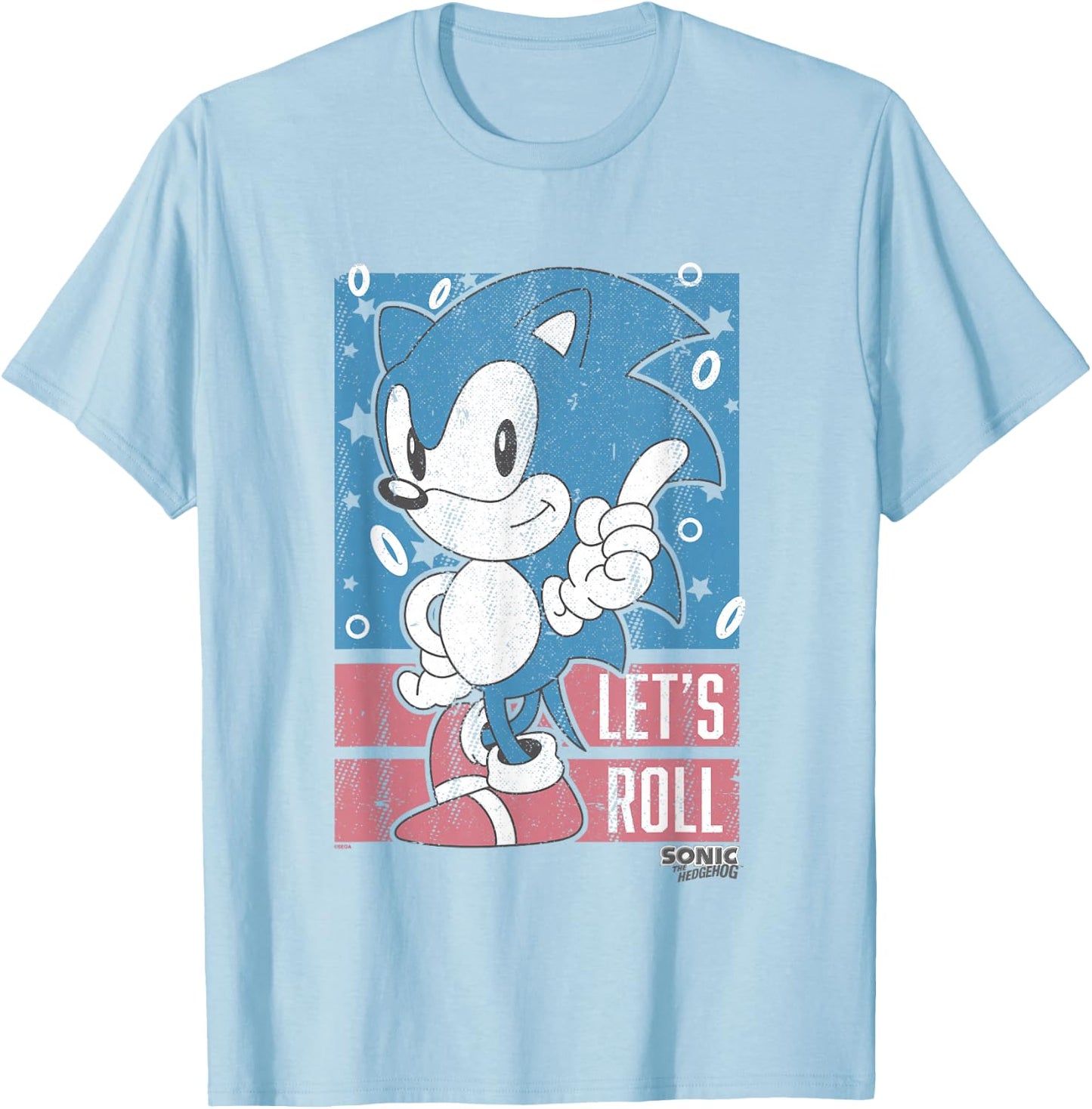 Sonic The Hedgehog Let's Roll Americana Distressed Logo T-Shirt - T-Shirt | Light Blue