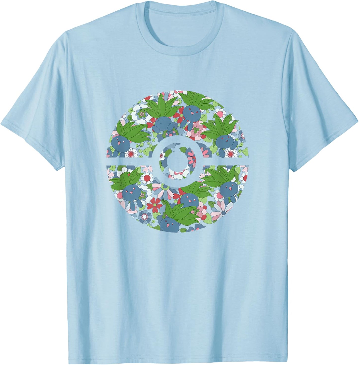 Pokémon Cute Oddish & Flowers Pattern Poké Ball Logo T-Shirt - T-Shirt | Light Blue