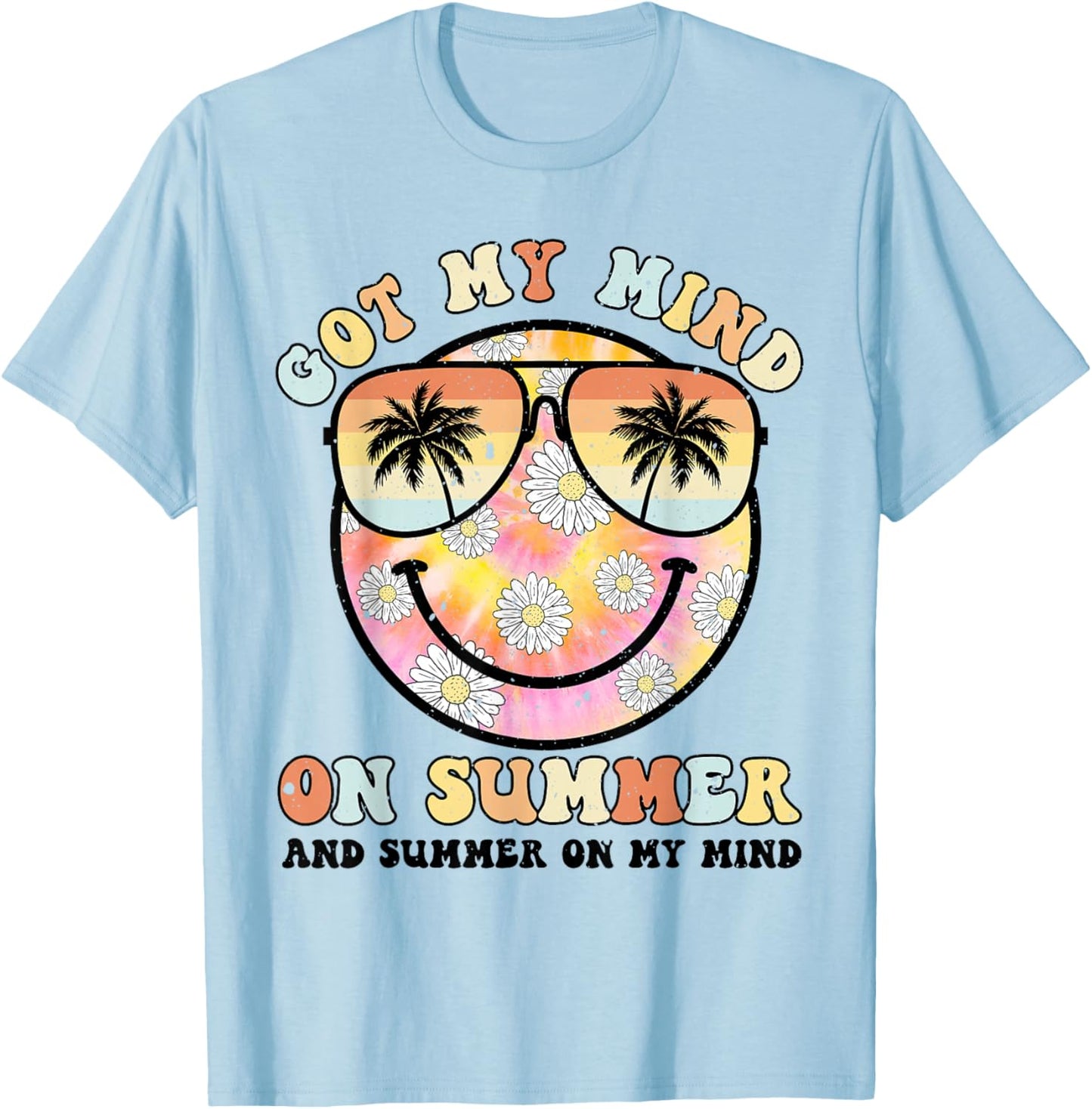 Groovy Happy Face Summer Vibes Got My Mind On Summer Teacher T-Shirt - T-Shirt | Light Blue