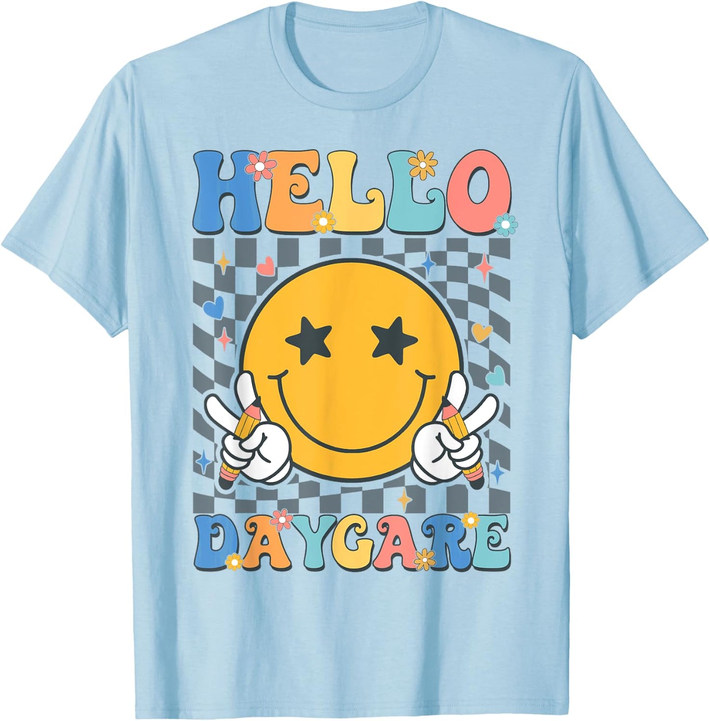 Hello Daycare Team Groovy Back To School Daycare Teacher Kid T-Shirt - T-Shirt | Light Blue
