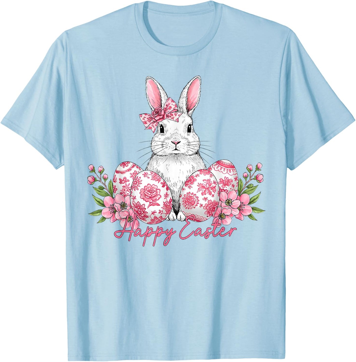 Happy Easter Chinoiserie Eggs Florals Bunny Coquette Bow T-Shirt - T-Shirt | Light Blue