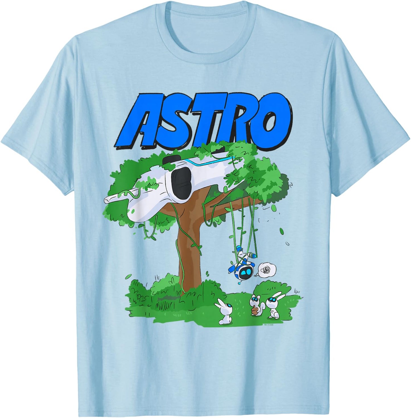 Astro Bot Tree Crash with Bunnies Fun Video Game T-Shirt - T-Shirt | Light Blue