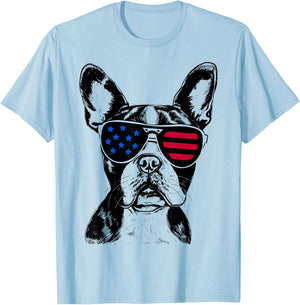 Boston Terrier Dog 4th of July America USA Flag T-Shirt - T-Shirt | Light Blue