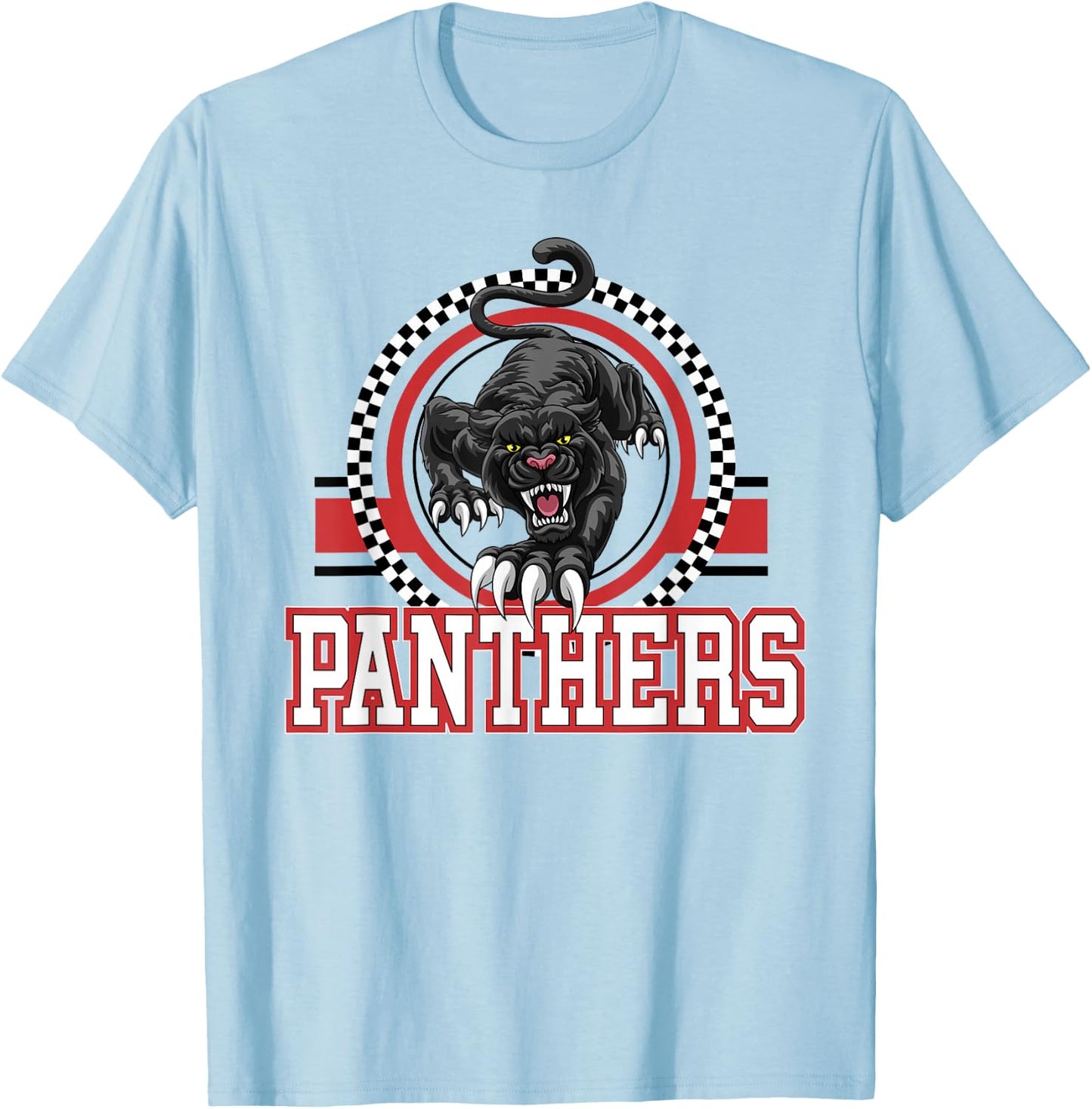 Panthers School Spirit Checkered Print Mascot Red Panther T-Shirt - T-Shirt | Light Blue