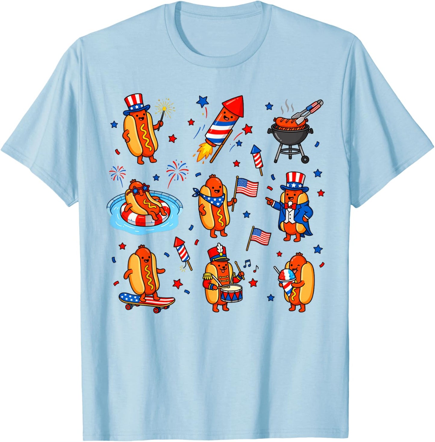 Hot Dog, American Flag Fireworks 4th of July T-Shirt - T-Shirt | Light Blue