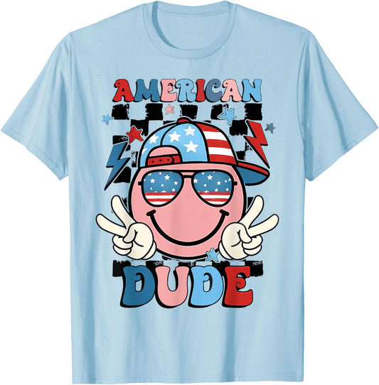 Checkered American Dude US Flag Cap Boy 4th of July T-Shirt - T-Shirt | Light Blue