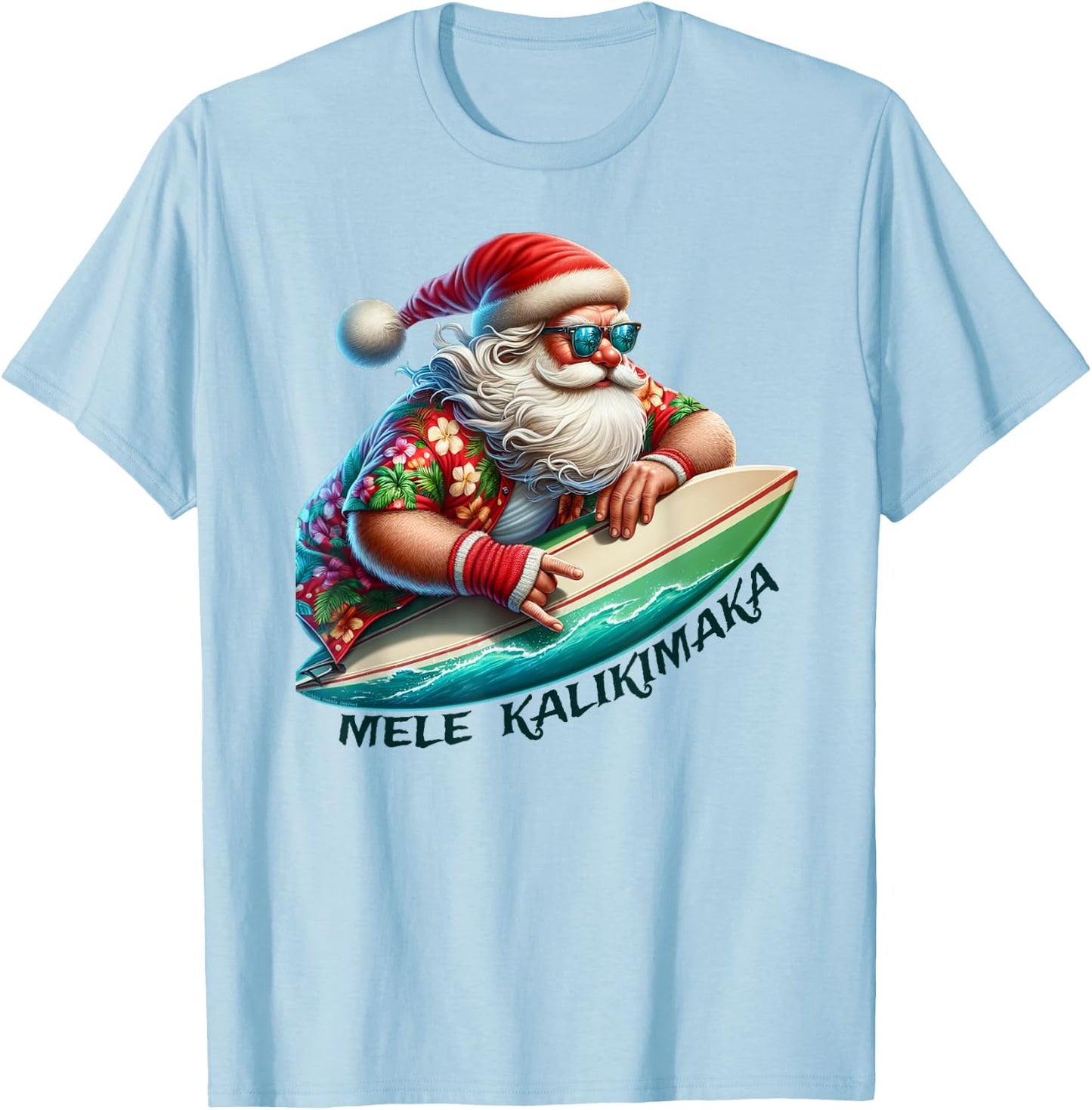 Mele Kalikimaka Surfing Merry Christmas Surfer Santa T-Shirt - T-Shirt | Light Blue