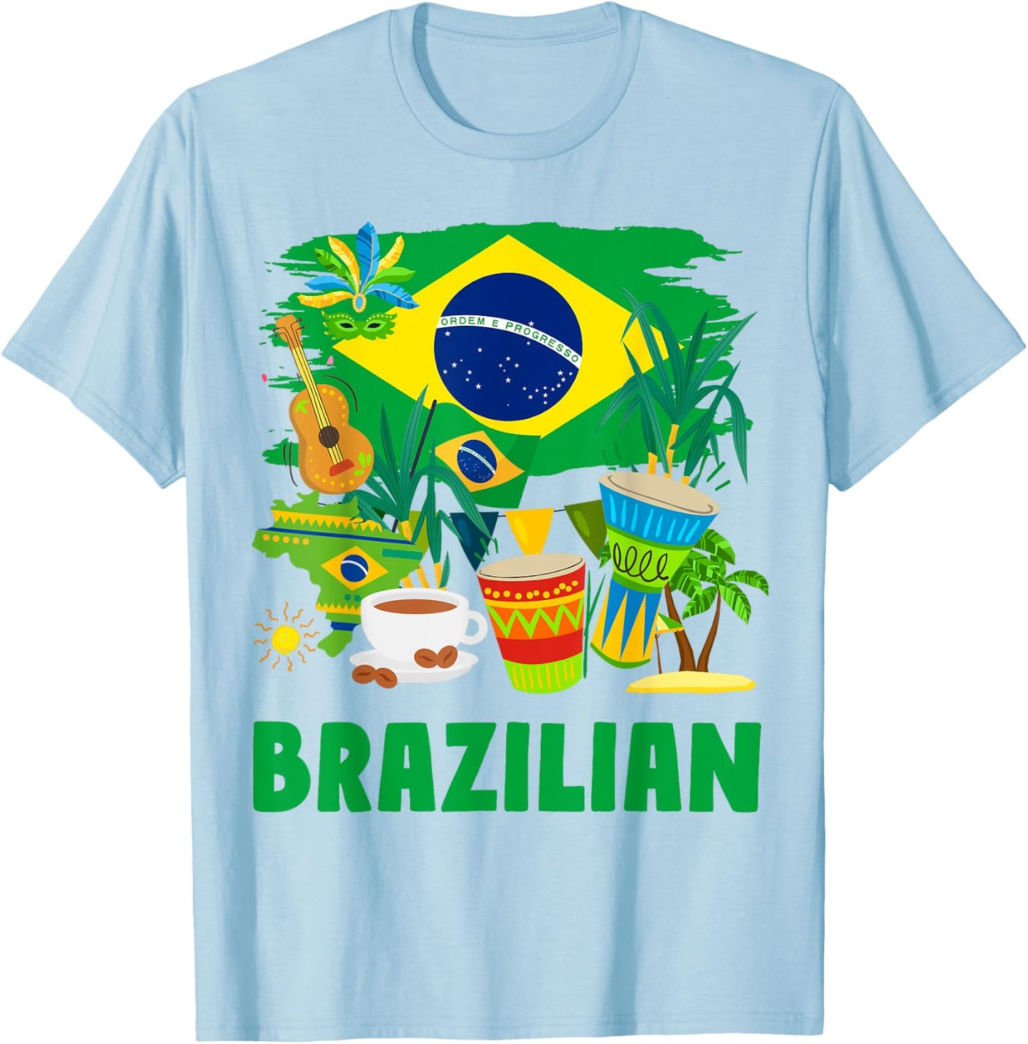 Brazil Flag - Outfit Idea for Children - Flag of Brazil and Brazil , Yellow, S T-Shirt - T-Shirt | Light Blue