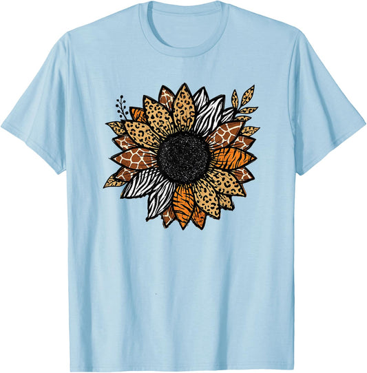 Leopard Animal Print Sunflower Flower Safari Boho Aesthetic T-Shirt - T-Shirt | Light Blue