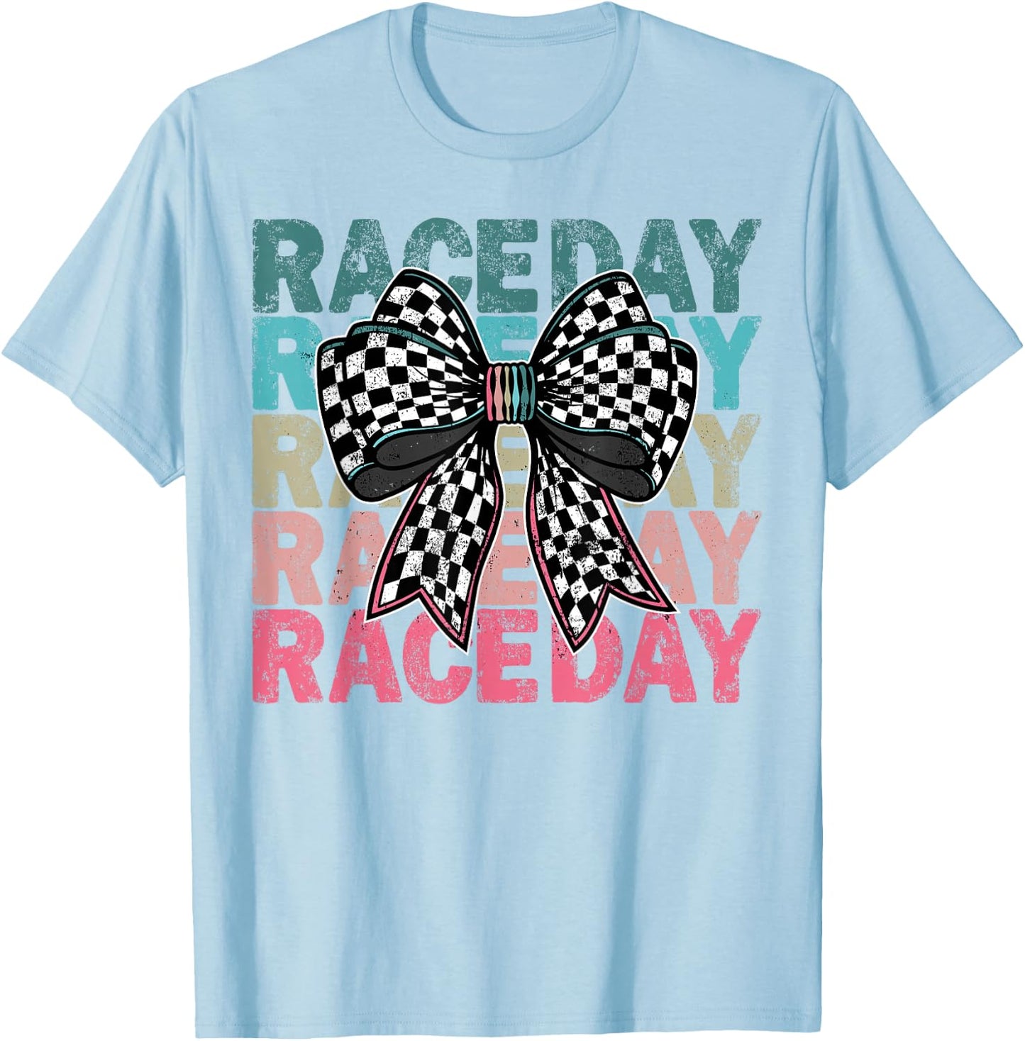 Retro Race Day Distressed Checkered Coquette Bow Racing Car T-Shirt - T-Shirt | Light Blue