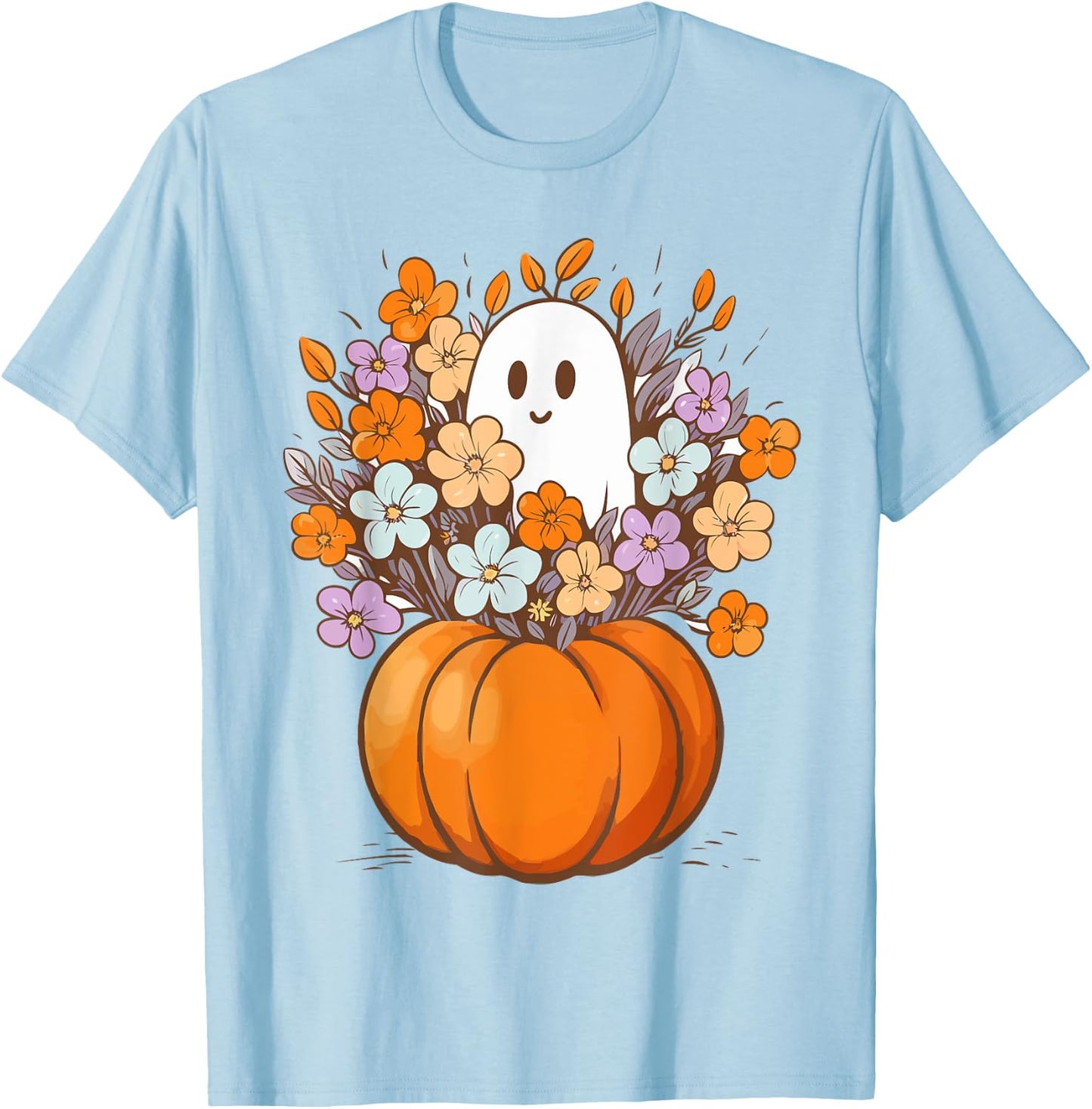 Floral Ghost Halloween Costume Aesthetic Ghost Pumpkin Fall T-Shirt - T-Shirt | Light Blue