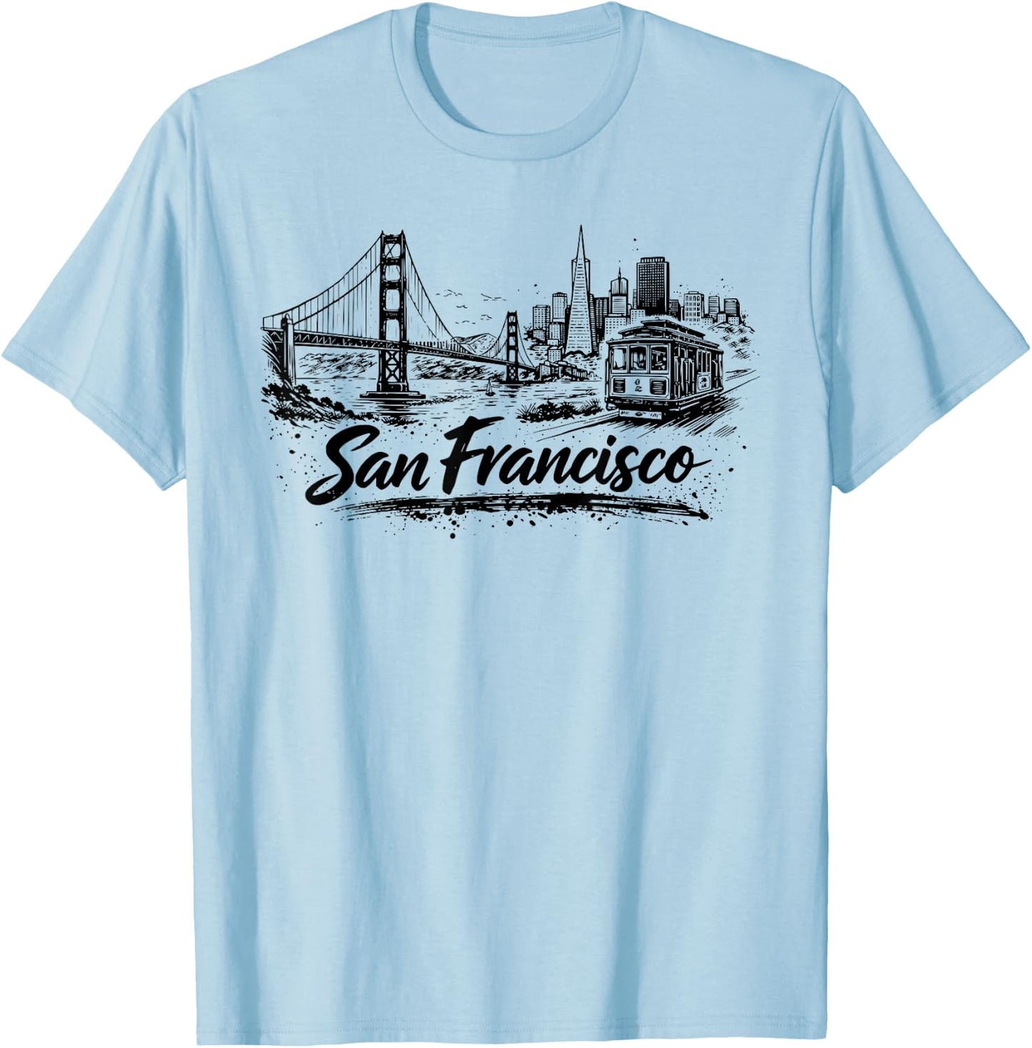 San Francisco City Skyline Cable Car Drawing T-Shirt - T-Shirt | Light Blue