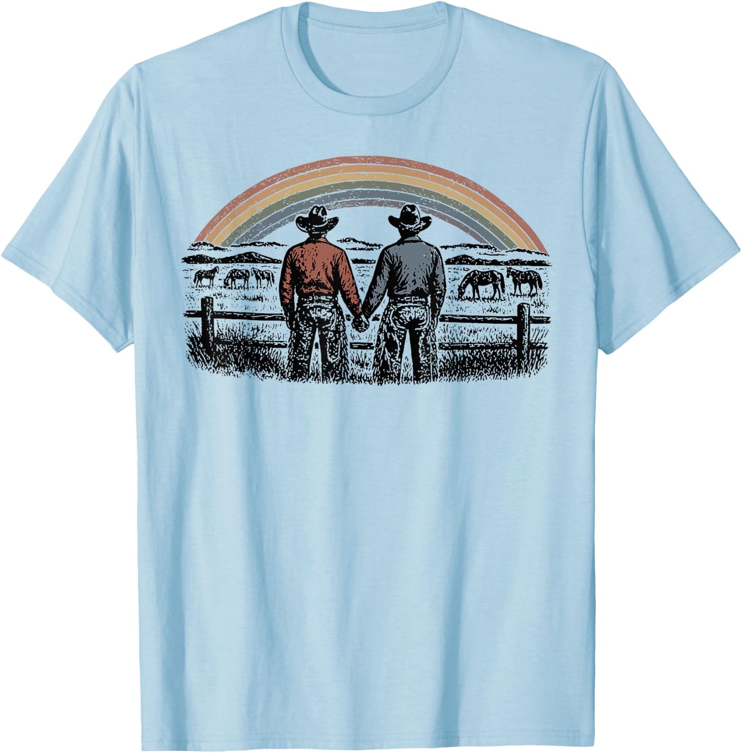 Retro Rainbows Rodeos Western Gay Cowboy LGBTQ Pride Month T-Shirt - T-Shirt | Light Blue