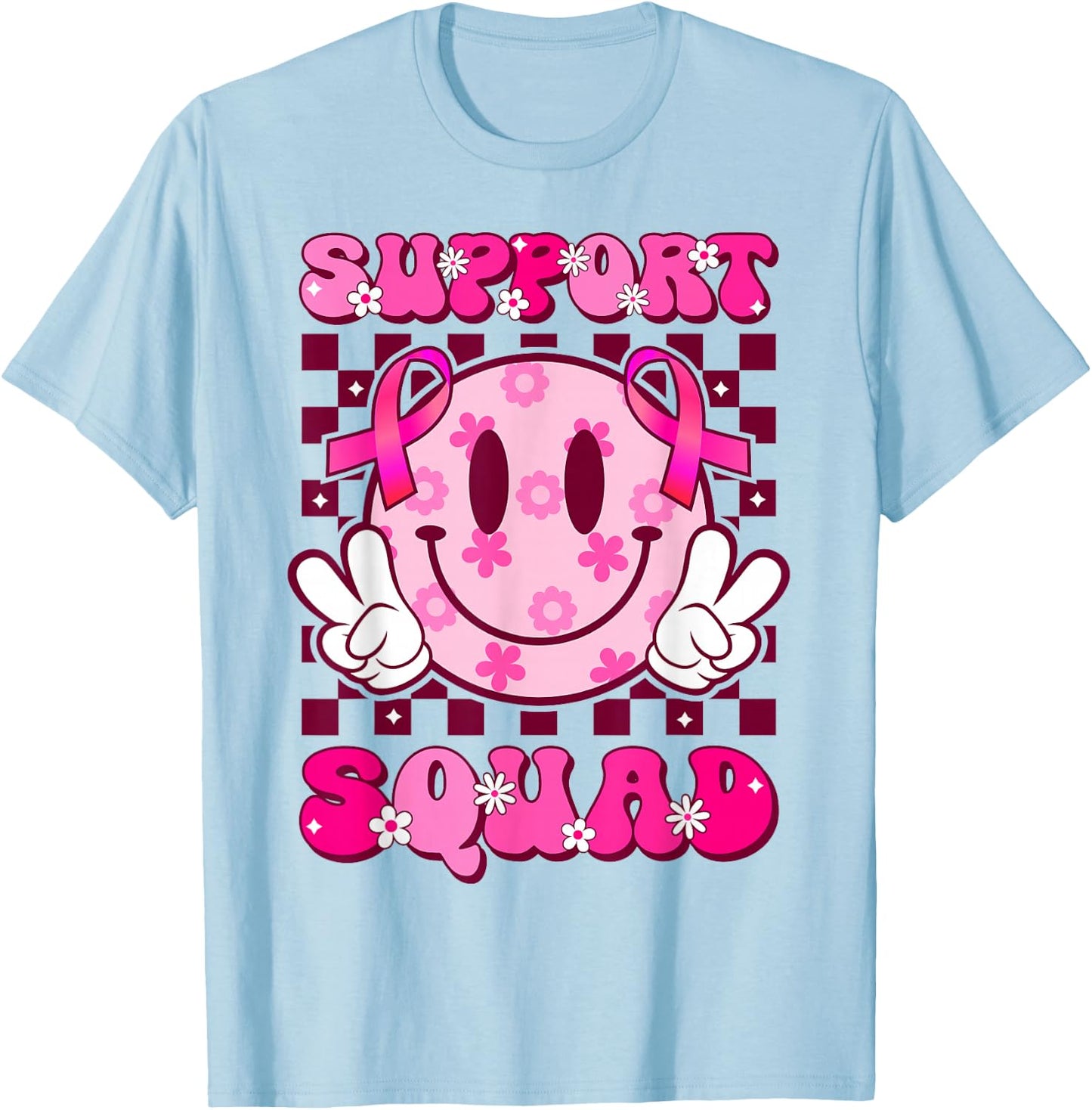 Groovy Smile Face Pink Ribbon Support Squad Breast Cancer T-Shirt - T-Shirt | Light Blue