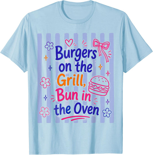 Daisy Striped Burgers On The Grill Bun in The Oven Pregnant T-Shirt - T-Shirt | Light Blue
