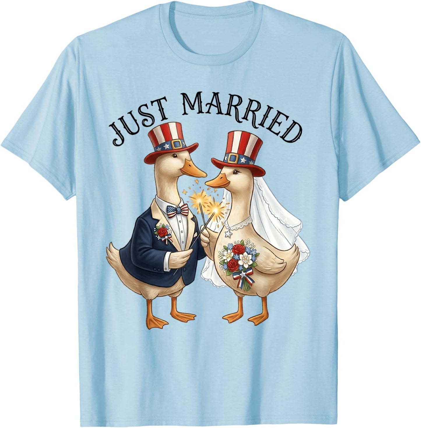 Just Married Patriotic Duck Couple Funny 4th of July Brided T-Shirt - T-Shirt | Light Blue