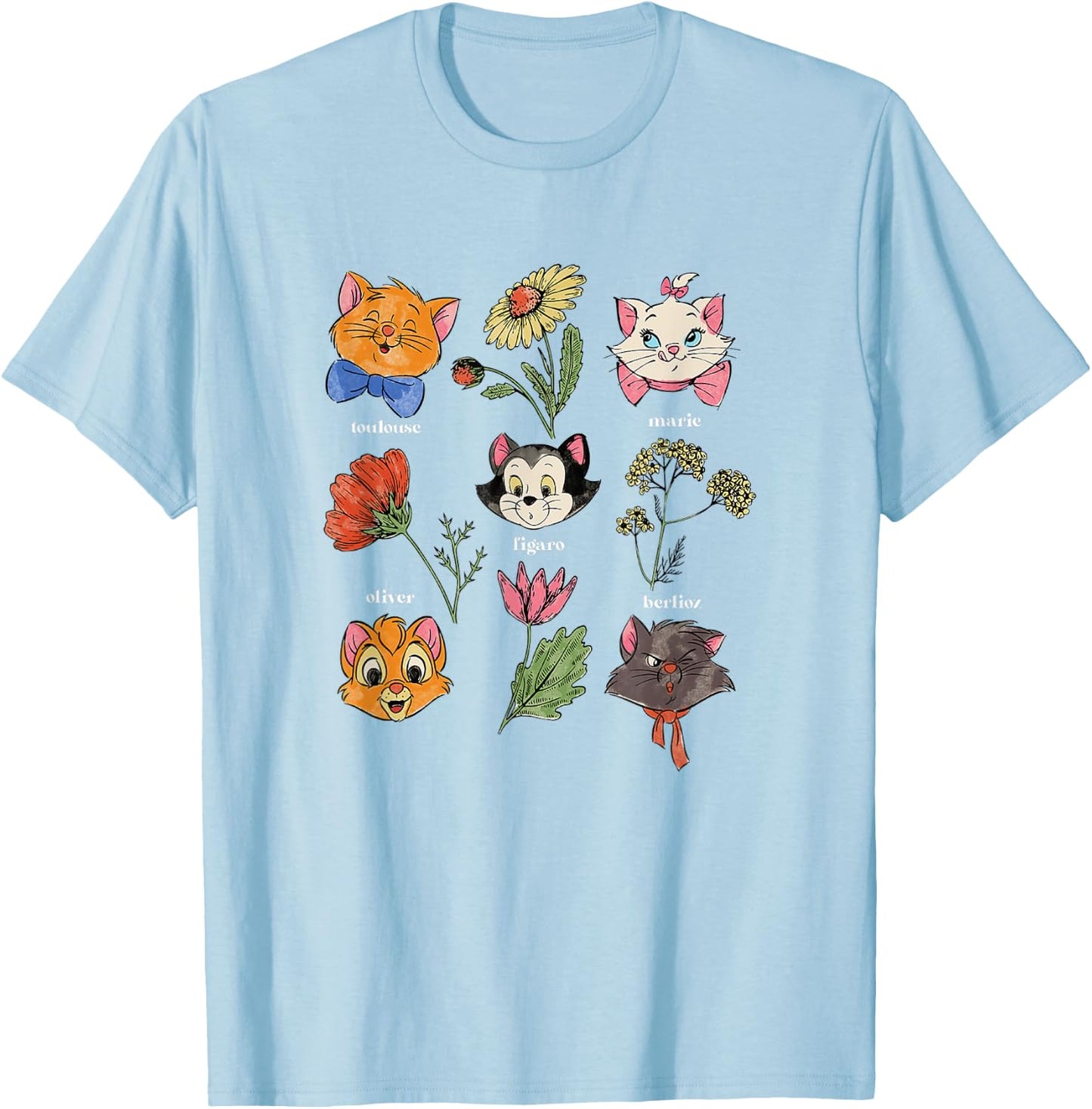 Disney The Aristocats Floral Disney Cats Cute Logo T-Shirt - T-Shirt | Light Blue