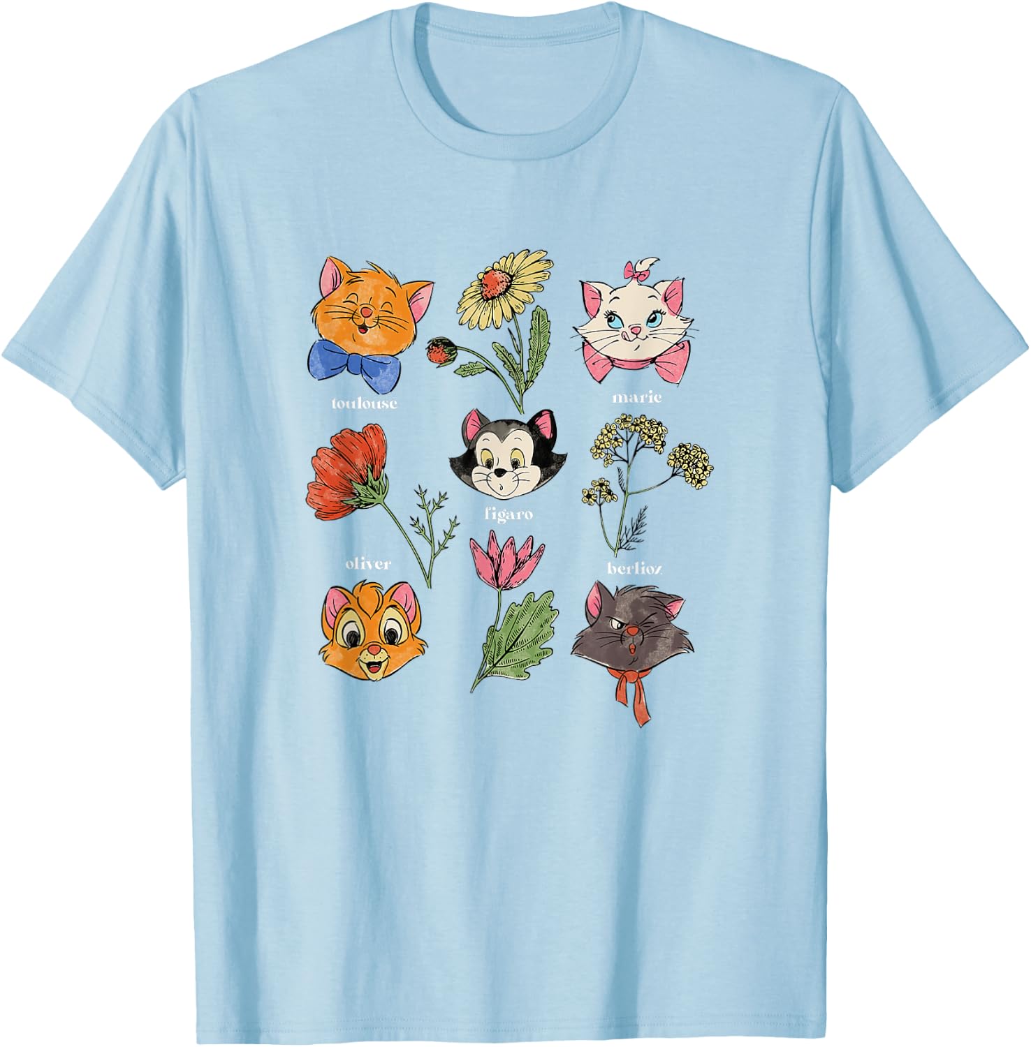 Disney The Aristocats Floral Disney Cats Cute Logo T-Shirt - T-Shirt | Light Blue