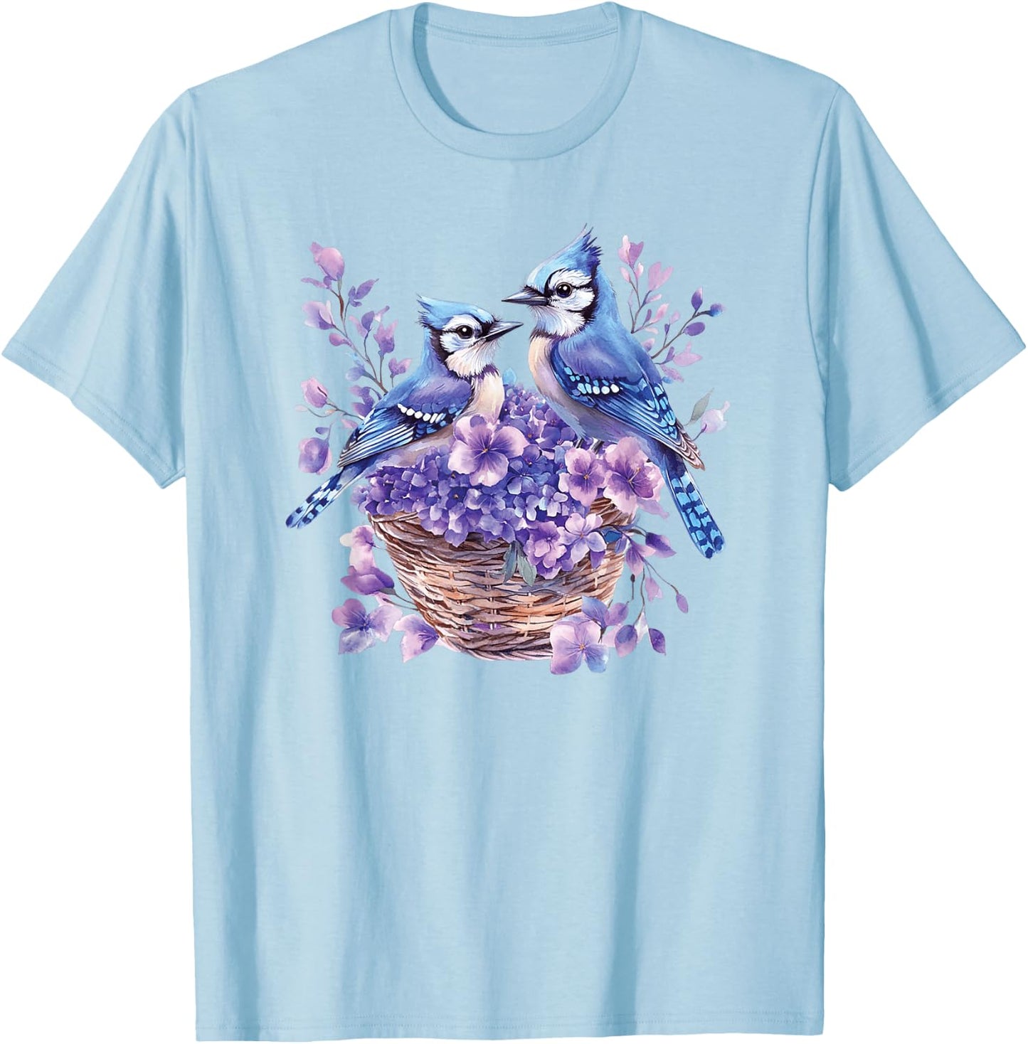 Couple Blue Jay Birds In A Basket With Flowers,Vibrant Color T-Shirt - T-Shirt | Light Blue