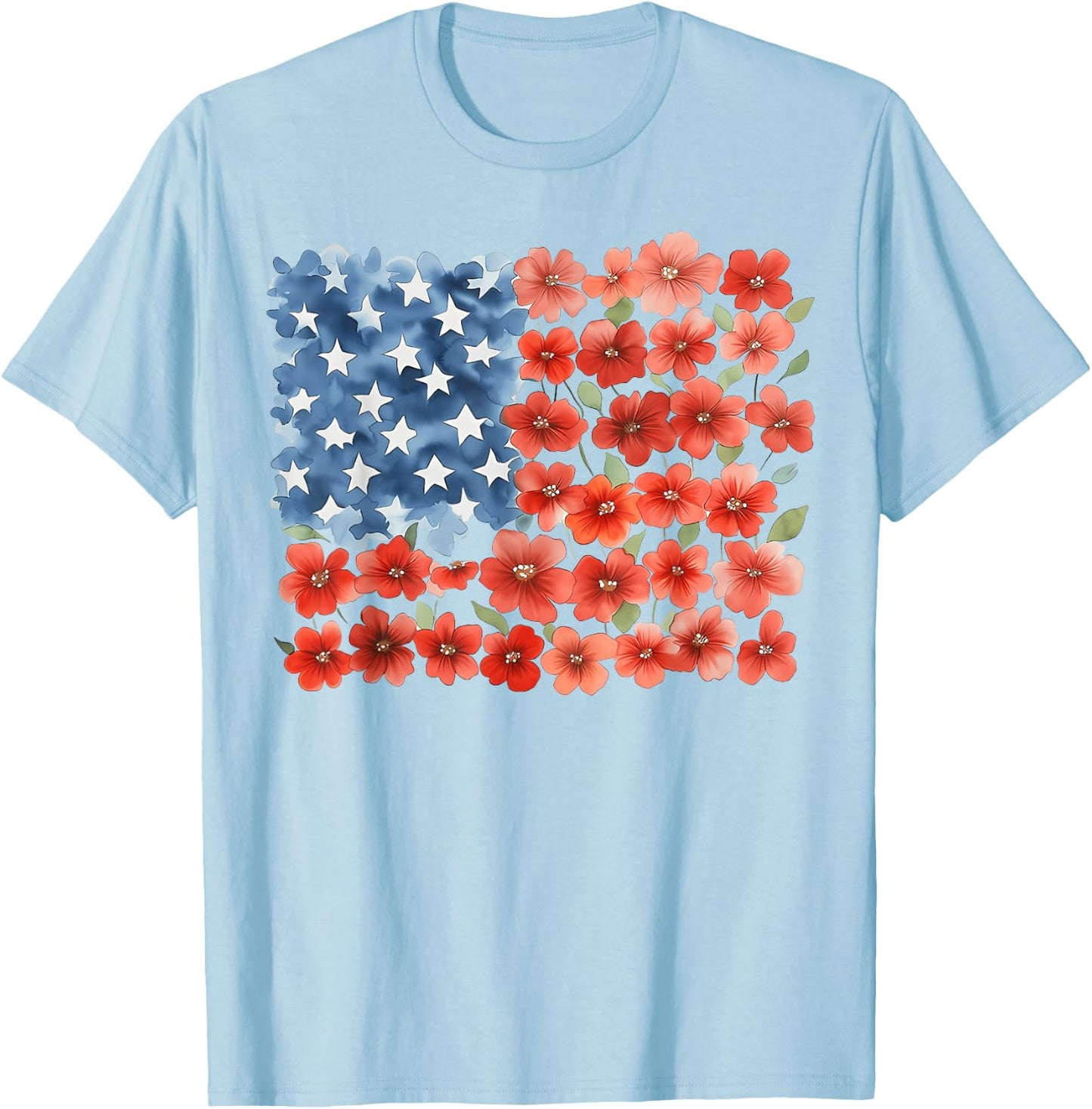 Red Poppy Flower American Flag Memorial Day Floral July 4th T-Shirt - T-Shirt | Light Blue
