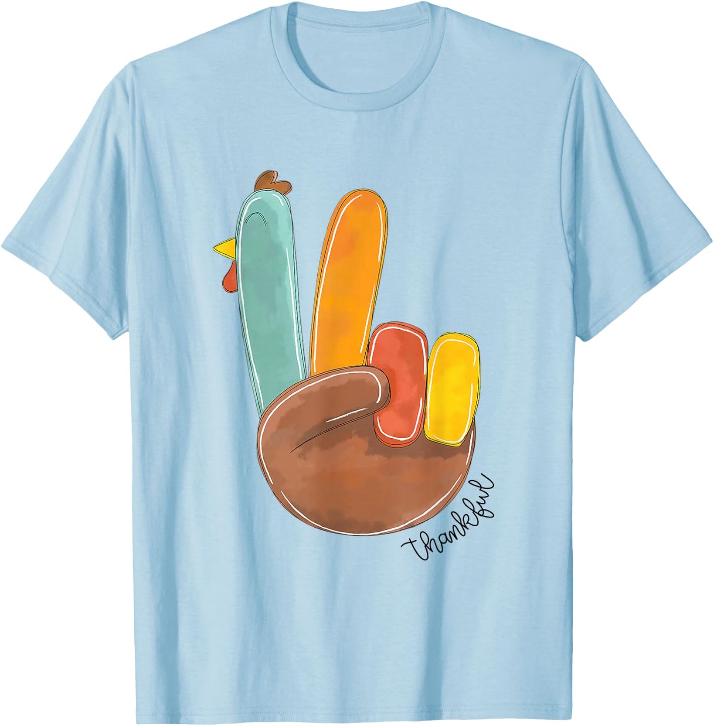 Thanksful Peace Sign Turkey Hand Cool Thanksgiving Men Women T-Shirt - T-Shirt | Light Blue