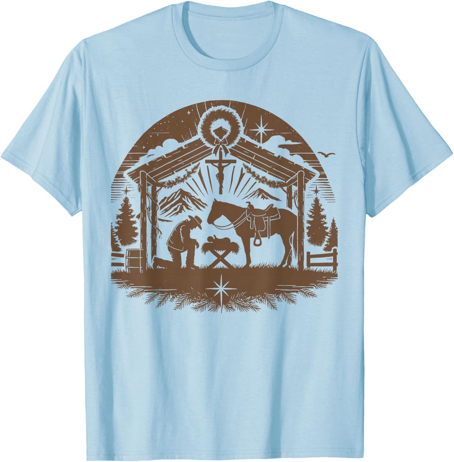 Praying Cowboy Christmas Nativity Christian Western Country T-Shirt - T-Shirt | Light Blue