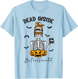Dead Inside But Caffeinated Skeleton Mama Funny Halloween T-Shirt - T-Shirt | Light Blue