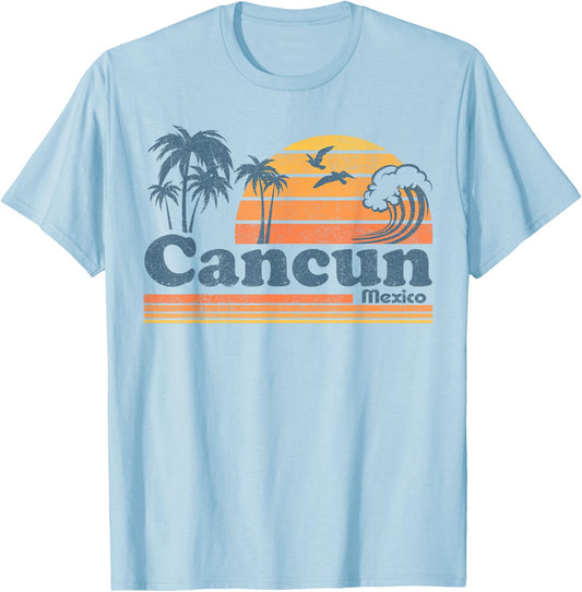 Cancun Mexico Beach Summer Vacation Sun Vintage 70's Retro T-Shirt - T-Shirt | Light Blue