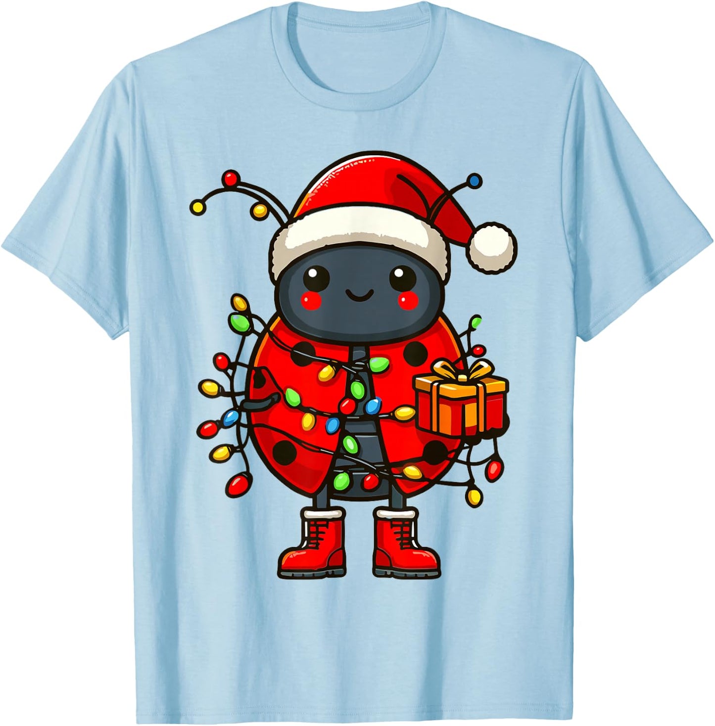 Ladybug Wearing Santa Hat, Holding A Present Box Xmas T-Shirt - T-Shirt | Light Blue