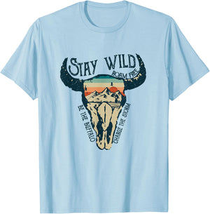 Stay Wild Roam Free Vintage Buffalo Desert Skull T-Shirt - T-Shirt | Light Blue