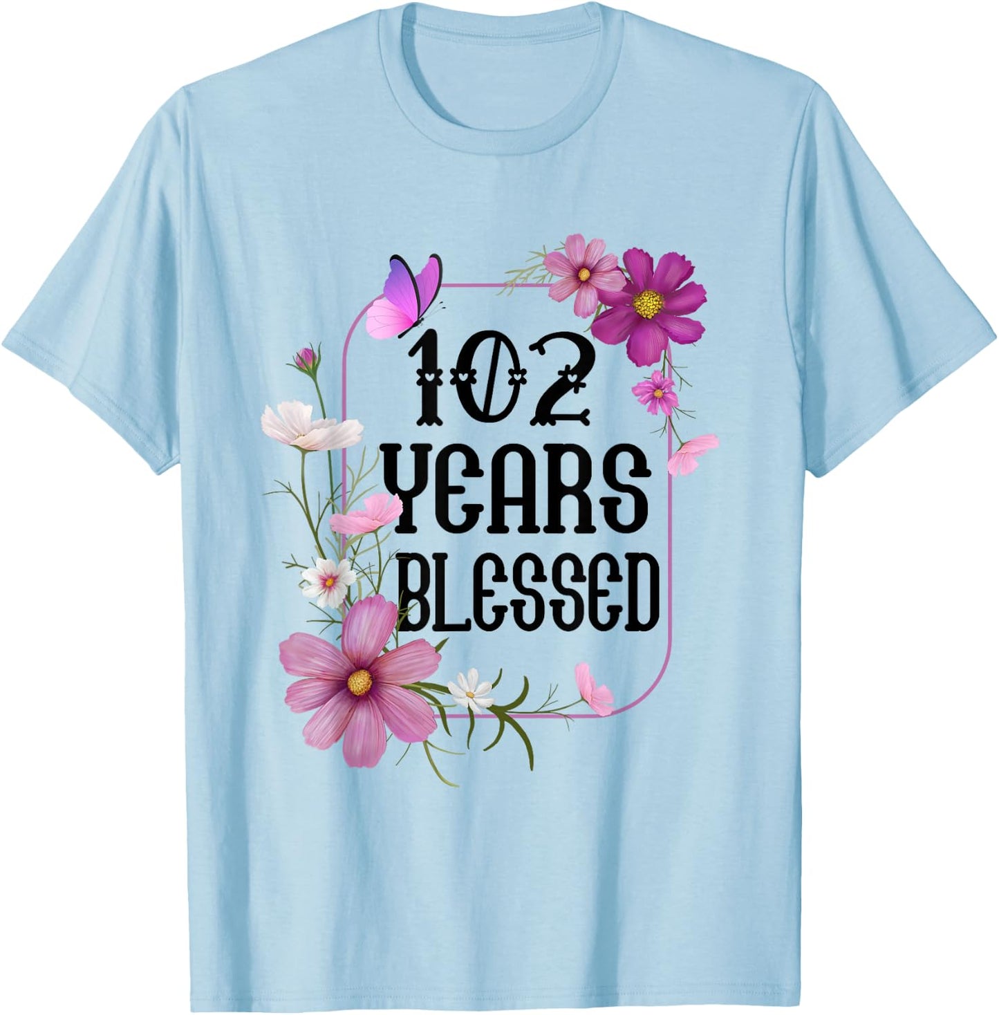 Turning 102 Birthday Butterfly with Floral 102nd Birthday T-Shirt - T-Shirt | Light Blue