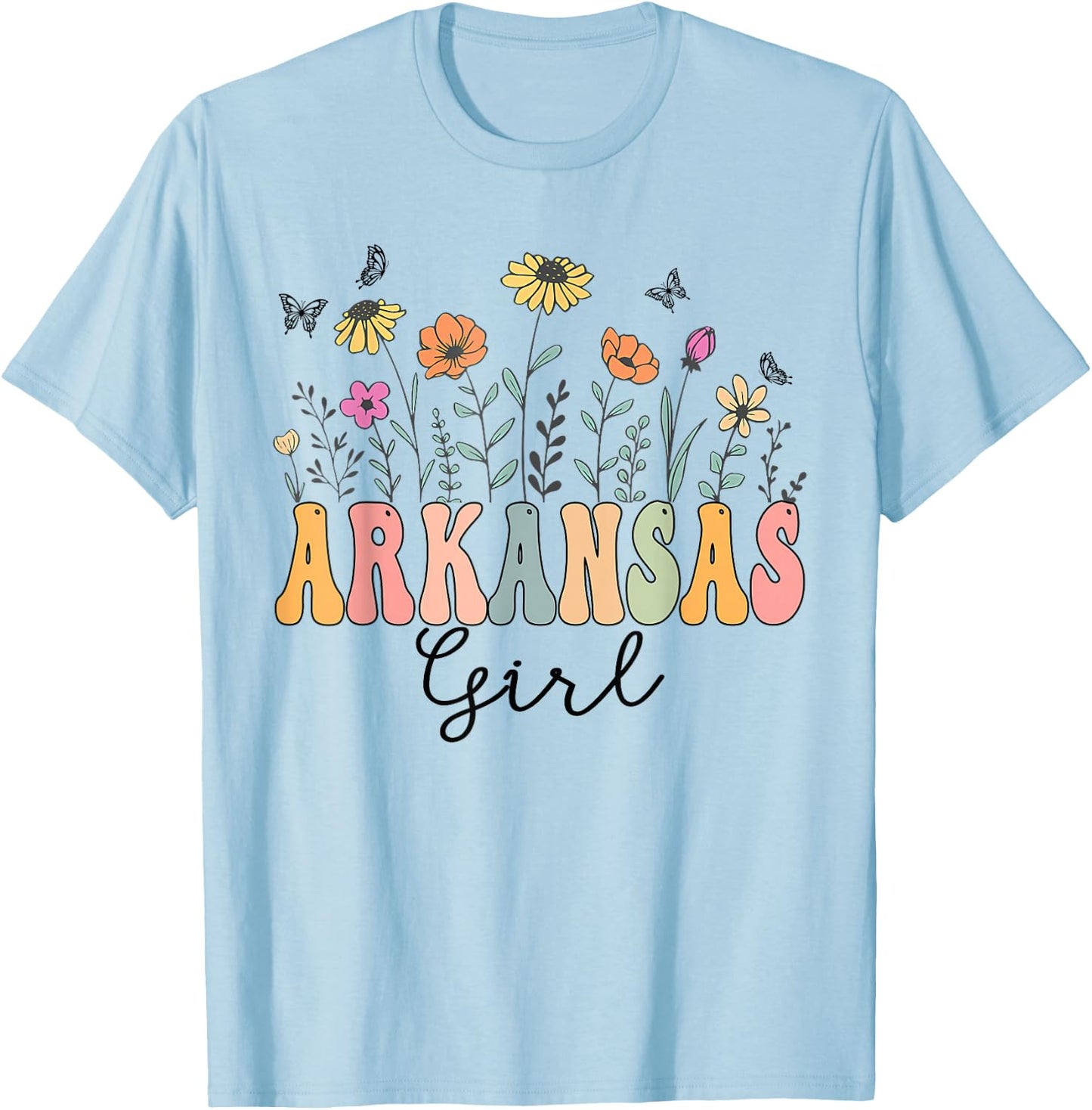Arkansas Girl Wildflower Groovy Arkansas Lover T-Shirt - T-Shirt | Light Blue
