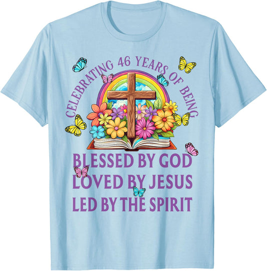 Blessed By God For 46 Years Rainbow And Flowers Birthday T-Shirt - T-Shirt | Light Blue