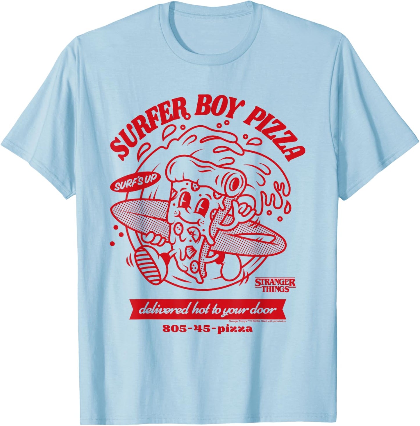 Stranger Things Surfer Boy Pizza Surf's Up T-Shirt - T-Shirt | Light Blue