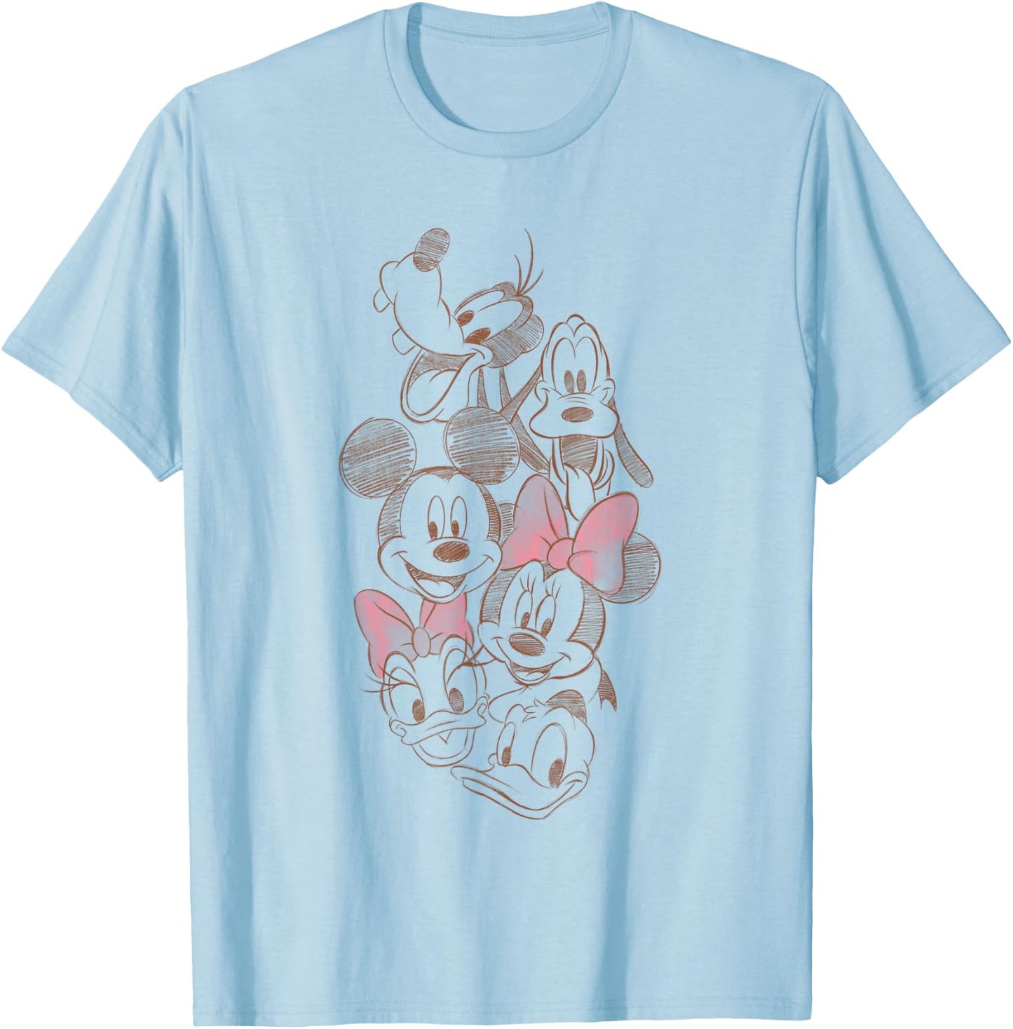 Disney Mickey And Friends Group Shot Faces Sketch Portrait T-Shirt - T-Shirt | Light Blue