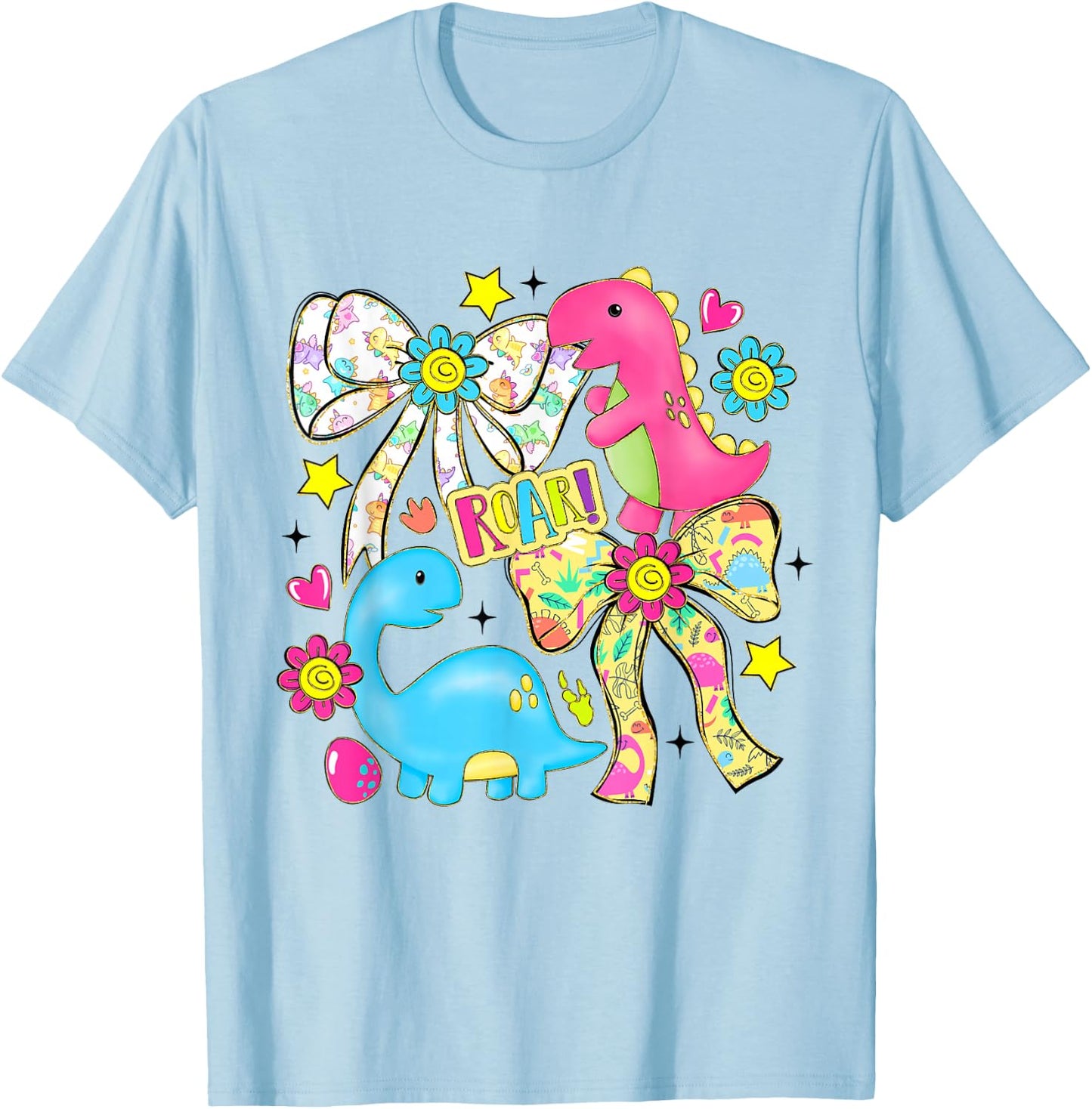 Cute Bow Dinosaur Flowers Dinosaur Lovers Kids Boys Girls T-Shirt - T-Shirt | Light Blue