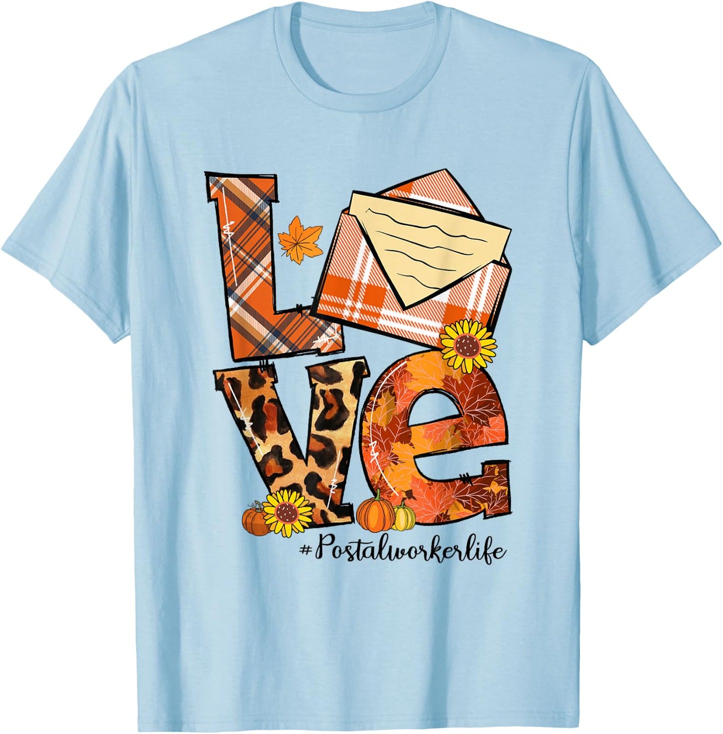 LOVE Pumpkin Leopard Postal Worker Life Fall Thanksgiving T-Shirt - T-Shirt | Light Blue