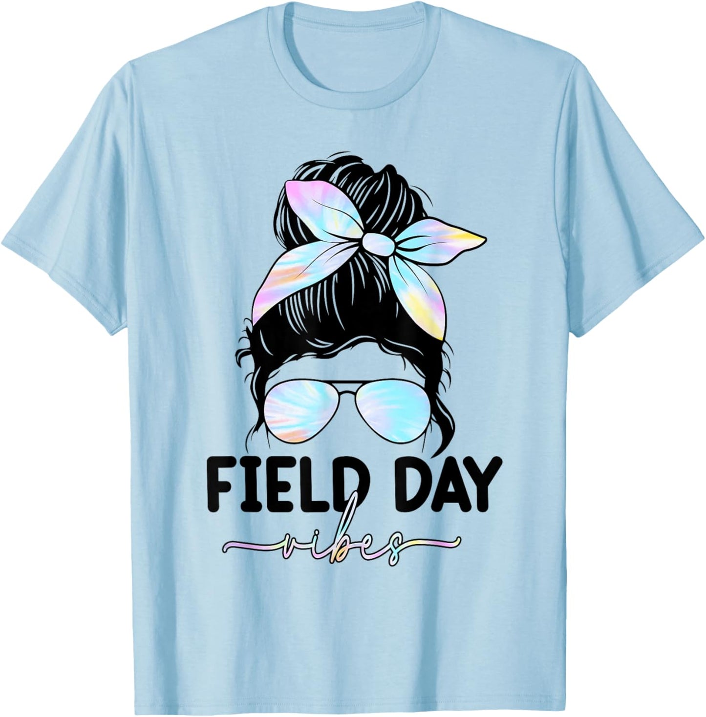 Field Day Vibes Messy Bun Girl School Field Day Fun Tie Dye T-Shirt - T-Shirt | Light Blue