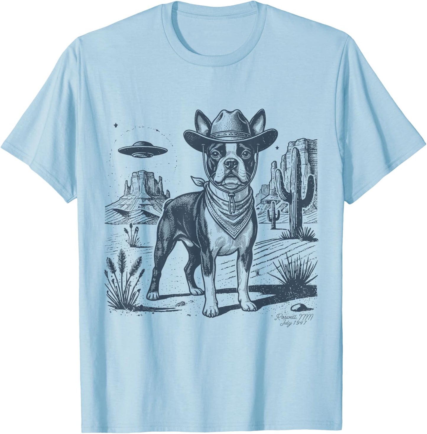 Vintage Alien UFO Western Cowboy Boston Terrier Dog Desert T-Shirt - T-Shirt | Light Blue