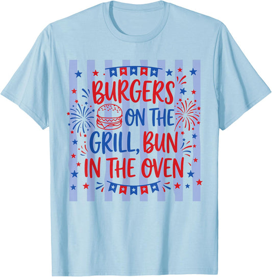 Retro Burgers On The Grill Bun in The Oven Pregnant T-Shirt - T-Shirt | Light Blue