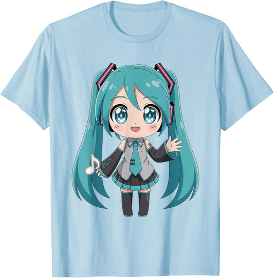 Teal Hair Guitar Girl Anime Music Illustration T-Shirt - T-Shirt | Light Blue