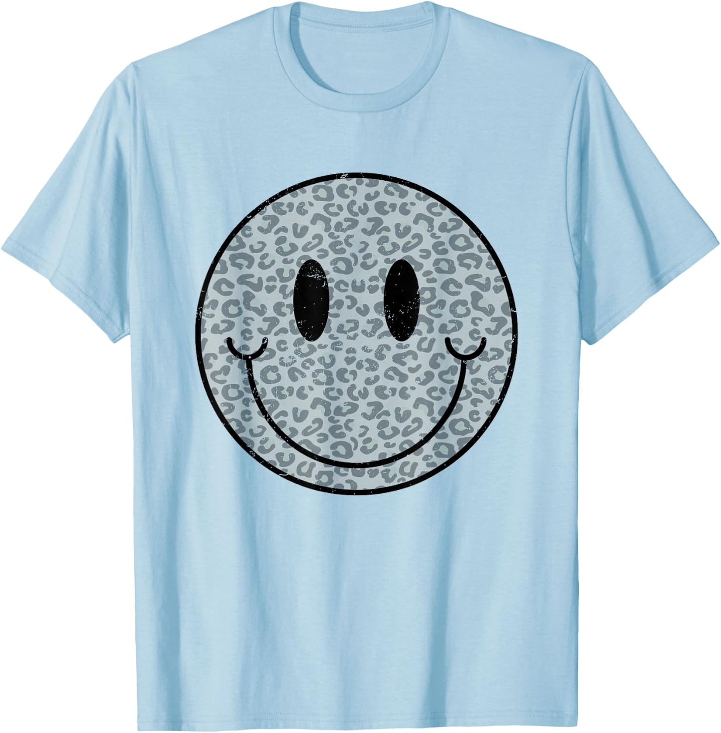 Cute Happy Face Retro Aesthetic Leopard Smile Face Women Men T-Shirt - T-Shirt | Light Blue